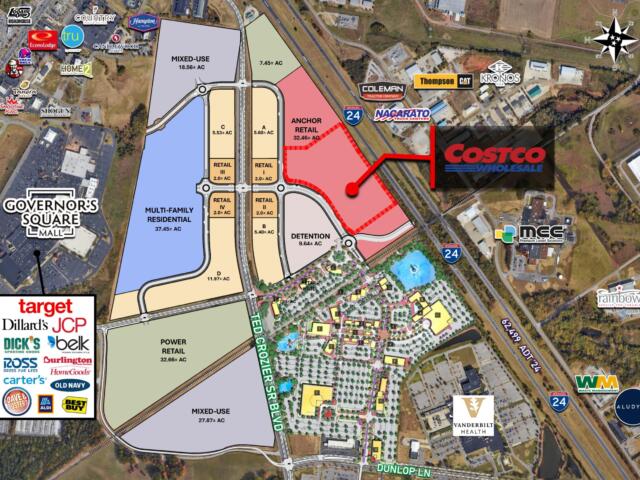 Aerial map of a shopping district showing Costco, Target, and Governor's Square Mall with surrounding retailers and roads nearby I-24 and Dunlop Lane.