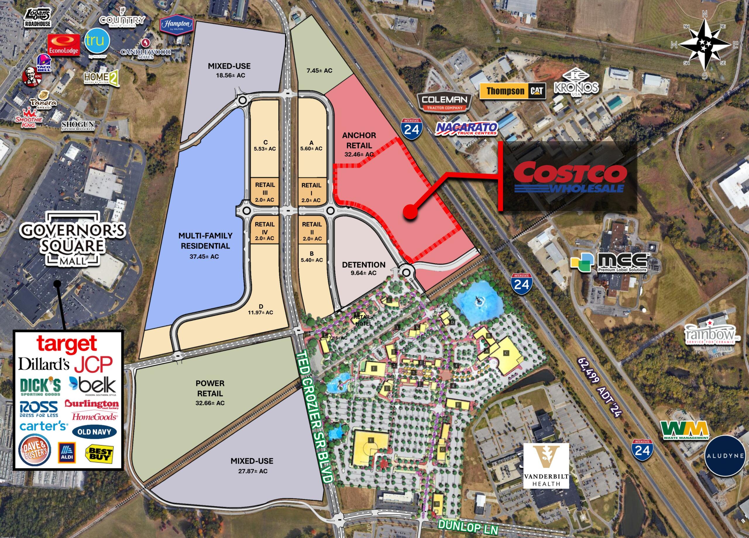 Aerial map of a shopping district showing Costco, Target, and Governor's Square Mall with surrounding retailers and roads nearby I-24 and Dunlop Lane.
