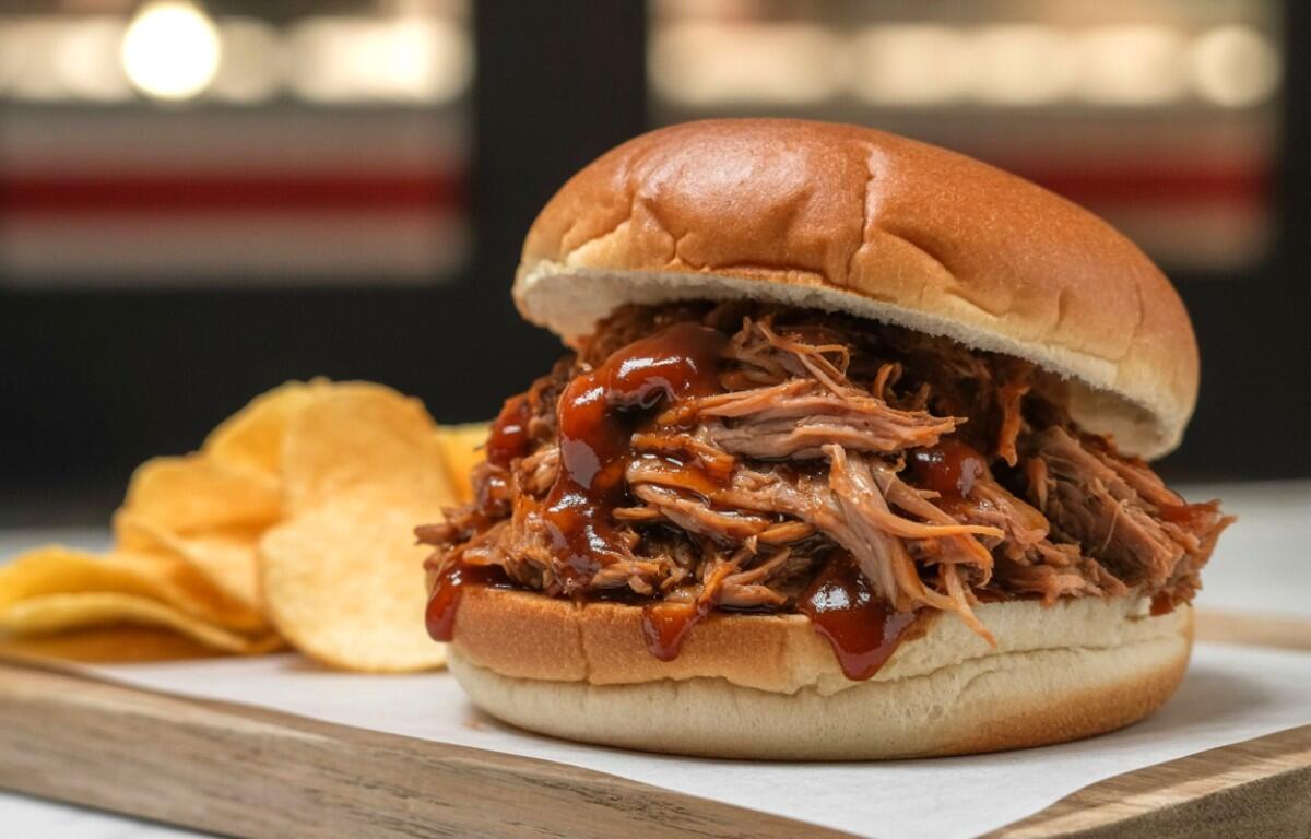 Pulled pork barbecue sandwich on a soft bun with dark sauce, served on a wooden board with chips on the side.