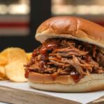 Pulled pork barbecue sandwich on a soft bun with dark sauce, served on a wooden board with chips on the side.