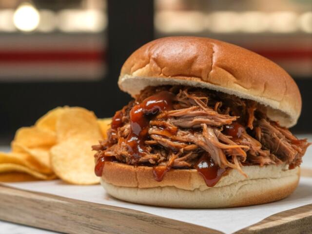 Pulled pork barbecue sandwich on a soft bun with dark sauce, served on a wooden board with chips on the side.