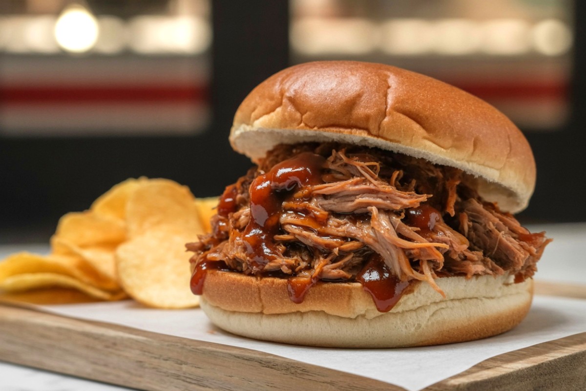 Pulled pork barbecue sandwich on a soft bun with dark sauce, served on a wooden board with chips on the side.