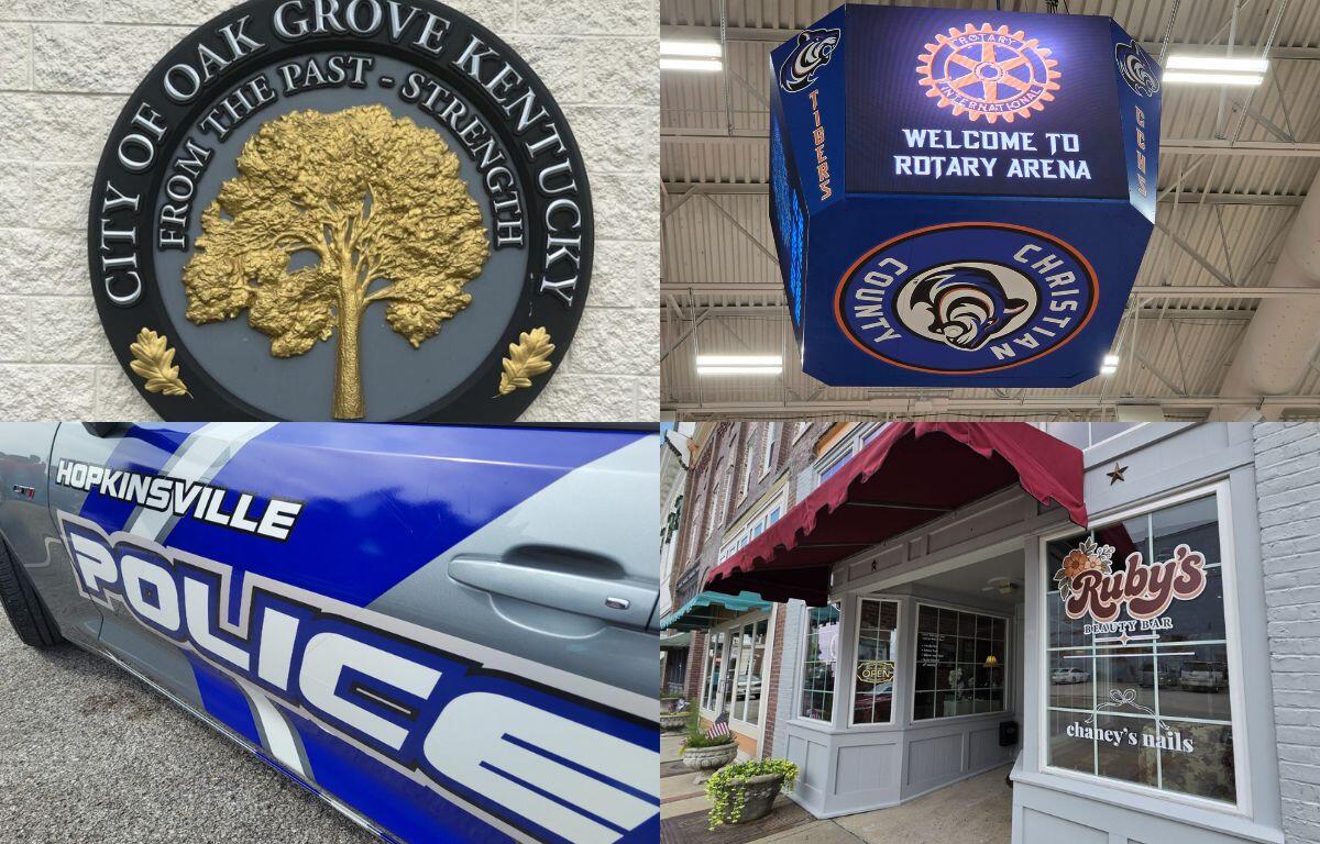 Collage of four: Oak Grove Kentucky city seal, a Rotary Arena cube sign, Hopkinsville Police car, and Ruby's Beauty Bar storefront.