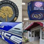 Collage of four: Oak Grove Kentucky city seal, a Rotary Arena cube sign, Hopkinsville Police car, and Ruby's Beauty Bar storefront.