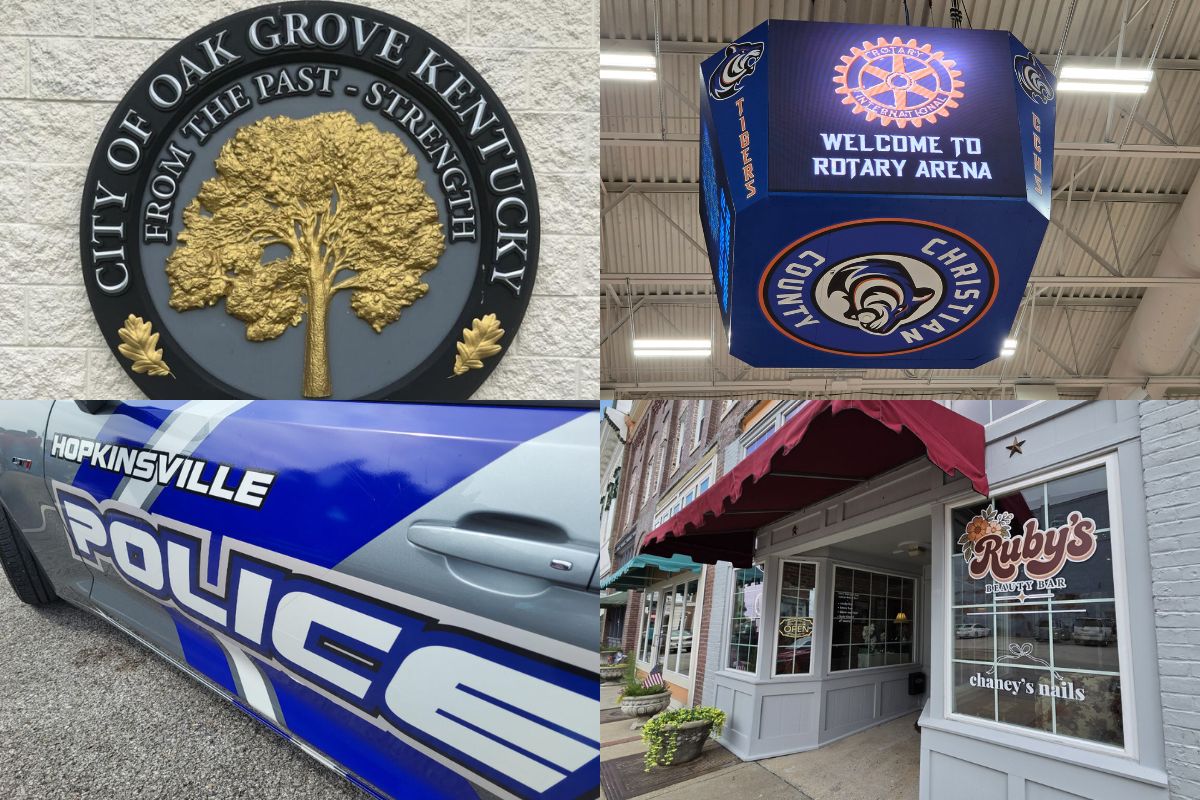 Collage of four: Oak Grove Kentucky city seal, a Rotary Arena cube sign, Hopkinsville Police car, and Ruby's Beauty Bar storefront.