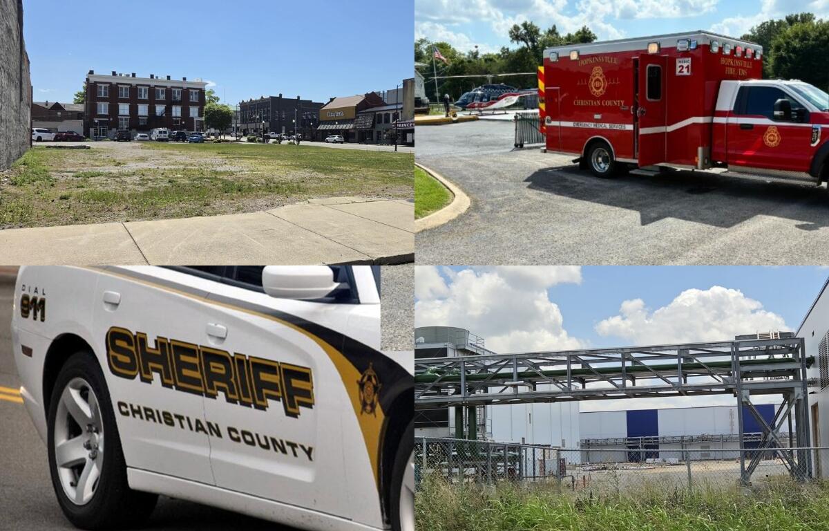 Collage of four scenes: a small-town street with brick buildings and cars, a red county ambulance, a white sheriff’s patrol car labeled Christian County, and a fenced industrial site with a large metal framework.