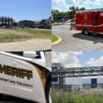 Collage of four scenes: a small-town street with brick buildings and cars, a red county ambulance, a white sheriff’s patrol car labeled Christian County, and a fenced industrial site with a large metal framework.