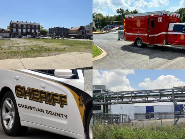 Collage of four scenes: a small-town street with brick buildings and cars, a red county ambulance, a white sheriff’s patrol car labeled Christian County, and a fenced industrial site with a large metal framework.