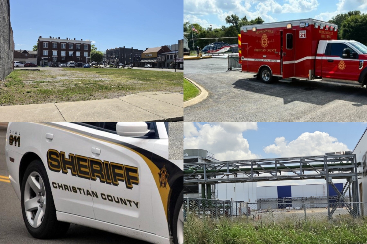 Collage of four scenes: a small-town street with brick buildings and cars, a red county ambulance, a white sheriff’s patrol car labeled Christian County, and a fenced industrial site with a large metal framework.