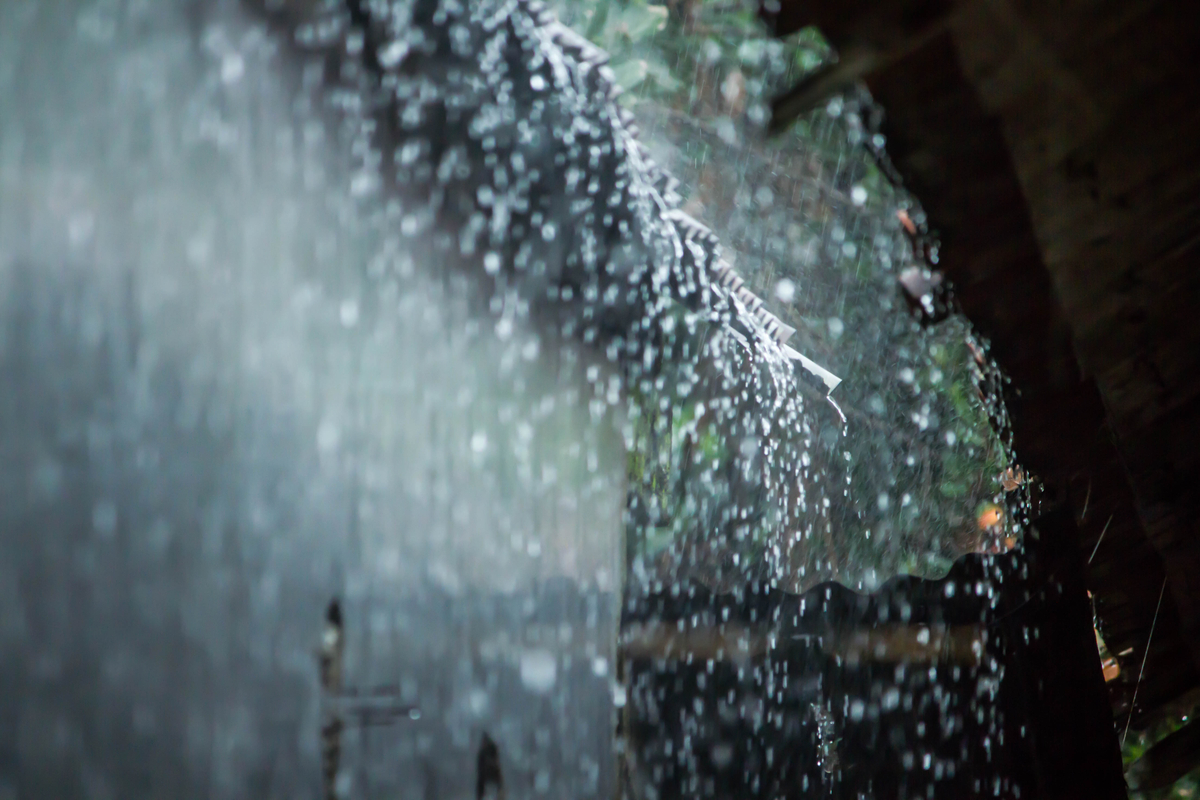 Close-up of water droplets on a glass surface with a blurred outdoor background