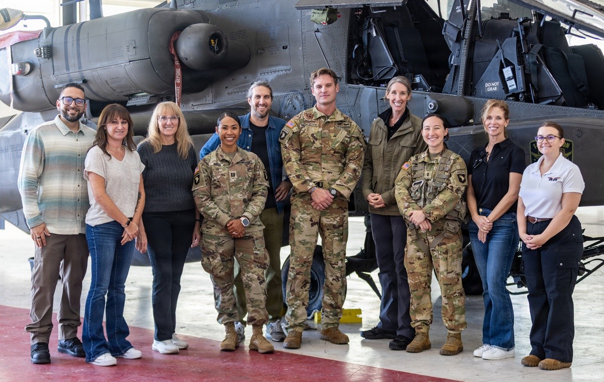 AIRION representatives, 101st Combat Aviation Brigade Holistic Health and Fitness personnel and pilots, and Redstone Arsenal personnel at the start of Advanced Inflight Relief Universal System (AIRUS) testing at Fort Campbell, Oct. 5, 2026. (U.S. Army photo by Capt. Andrew Lightsey IV)